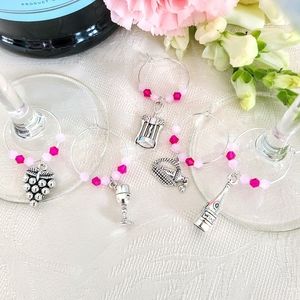 "Brunch Time" Pink & Magenta Glass Bead Wine Glass Markers Tibetan Silver Charms